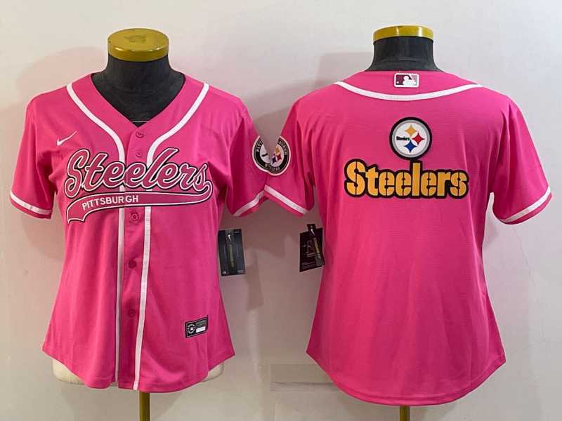 Women%27s Pittsburgh Steelers Pink Team Big Logo With Patch Cool Base Stitched Baseball Jersey->women nfl jersey->Women Jersey